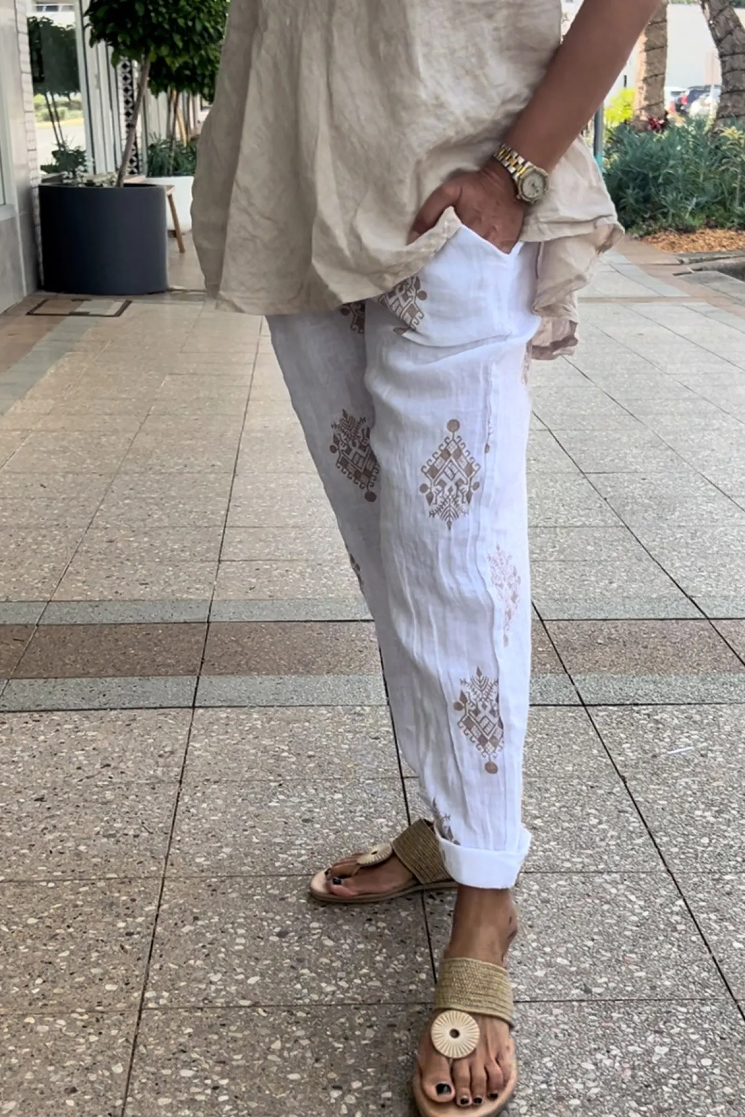 Aztec Print Pants - White - CG43 Linen Lovers|Ladies Pants
