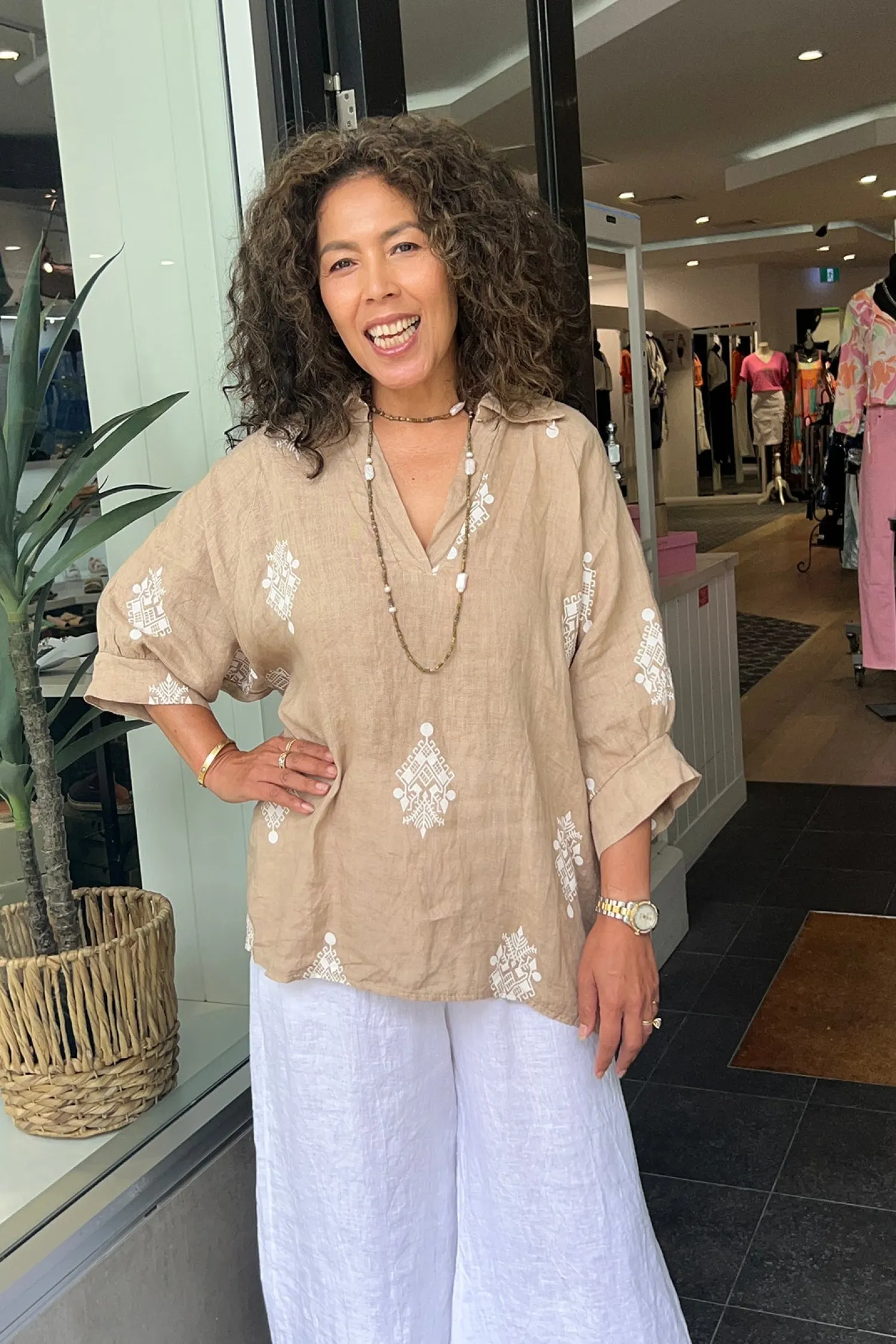 Clearance Aztec Print Top - Camel - CG44 Linen Lovers|Shirts & Tops