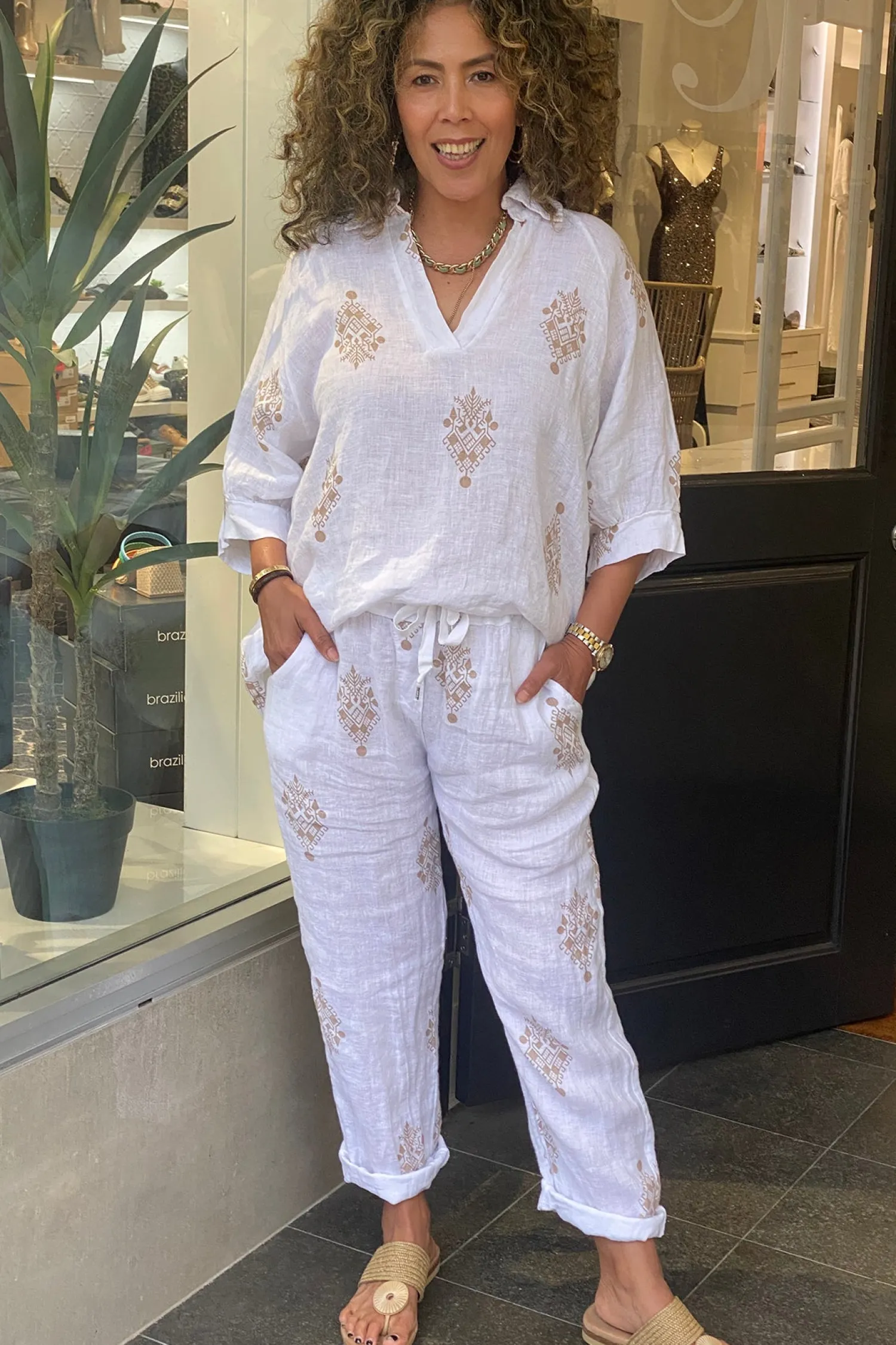 Clearance Aztec Print Top - White - CG44 Linen Lovers|Shirts & Tops