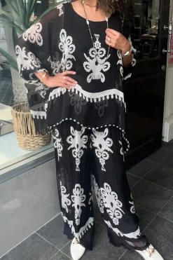 Hot Blossom Print Pants - Black/White - CG37 Ladies Pants