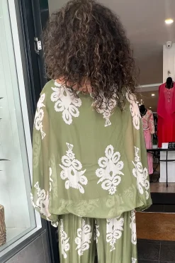 Outlet Clover Print Top - Khaki/Cream - CG36 Shirts & Tops
