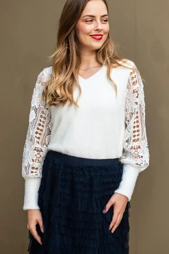 Online Crochet Sleeve Knit - White - SO10 Jumpers & Knitwear