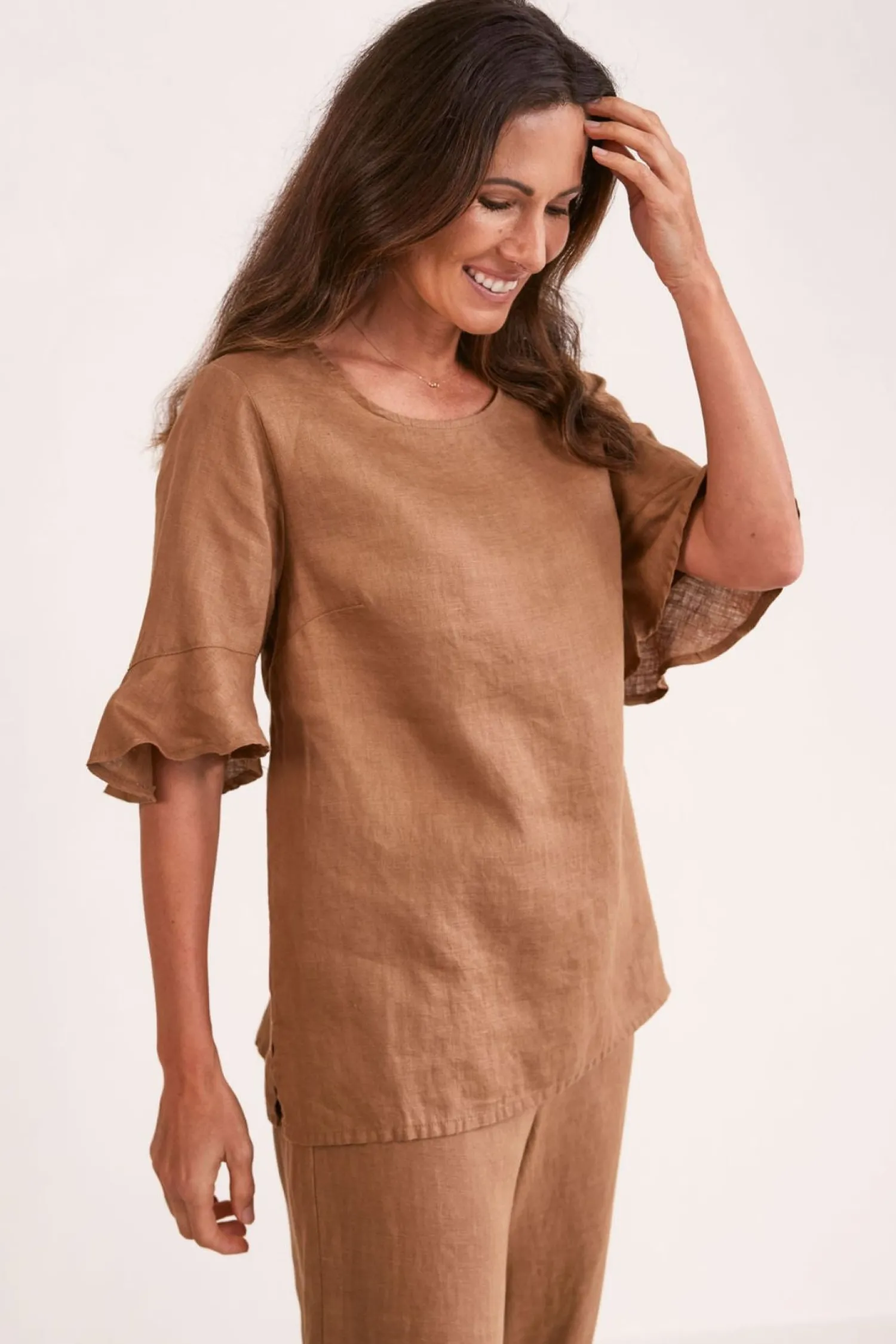 New Flutter Sleeve Linen Top - Toffee - SS11 Linen Lovers|Shirts & Tops