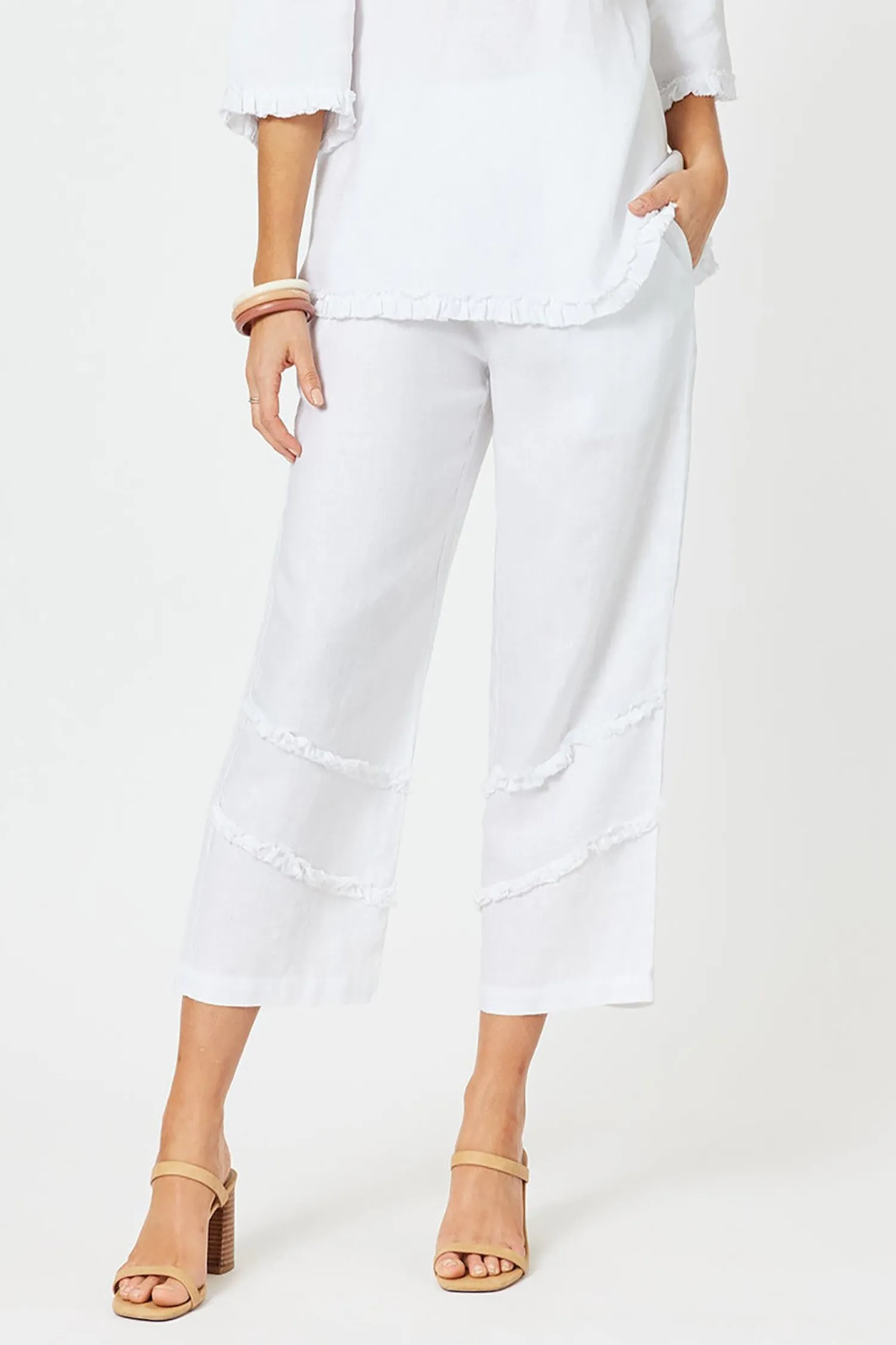 Discount Fringed Linen Pant - White - HV19 Ladies Pants