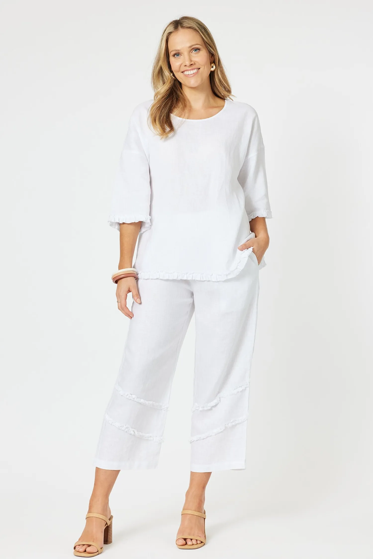 Discount Fringed Linen Pant - White - HV19 Ladies Pants