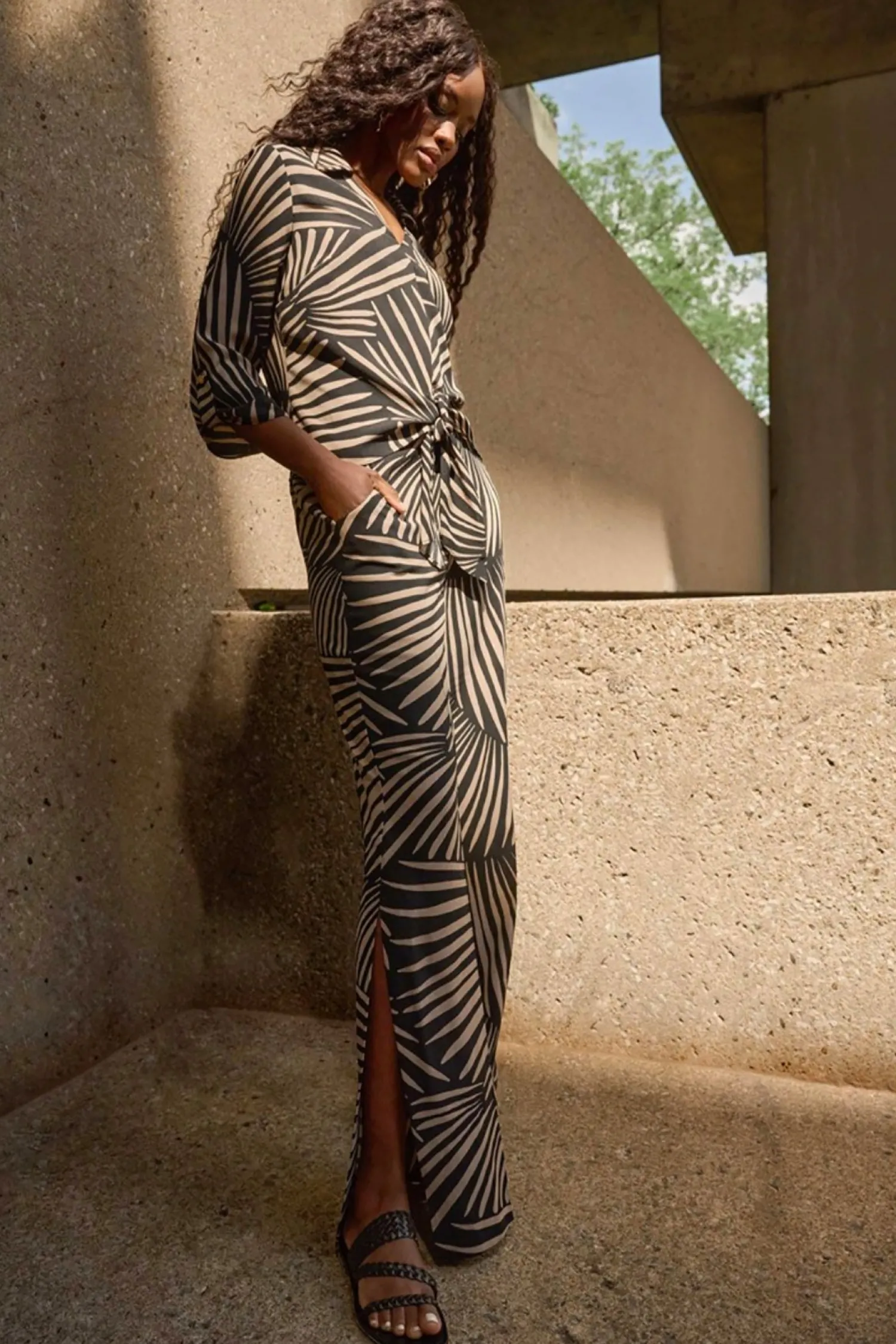 Sale Gauze Tropical Print Wide Leg Pant - Black - JR56 Ladies Pants