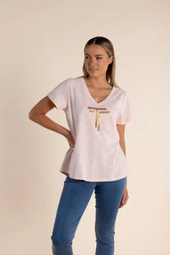 Hot Gold Logo Sequin V-Neck Tee - Soft Pink - TT52 Shirts & Tops