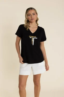 Clearance Gold/Silver Logo Sequin V-Neck Tee - Black - TT60 Shirts & Tops