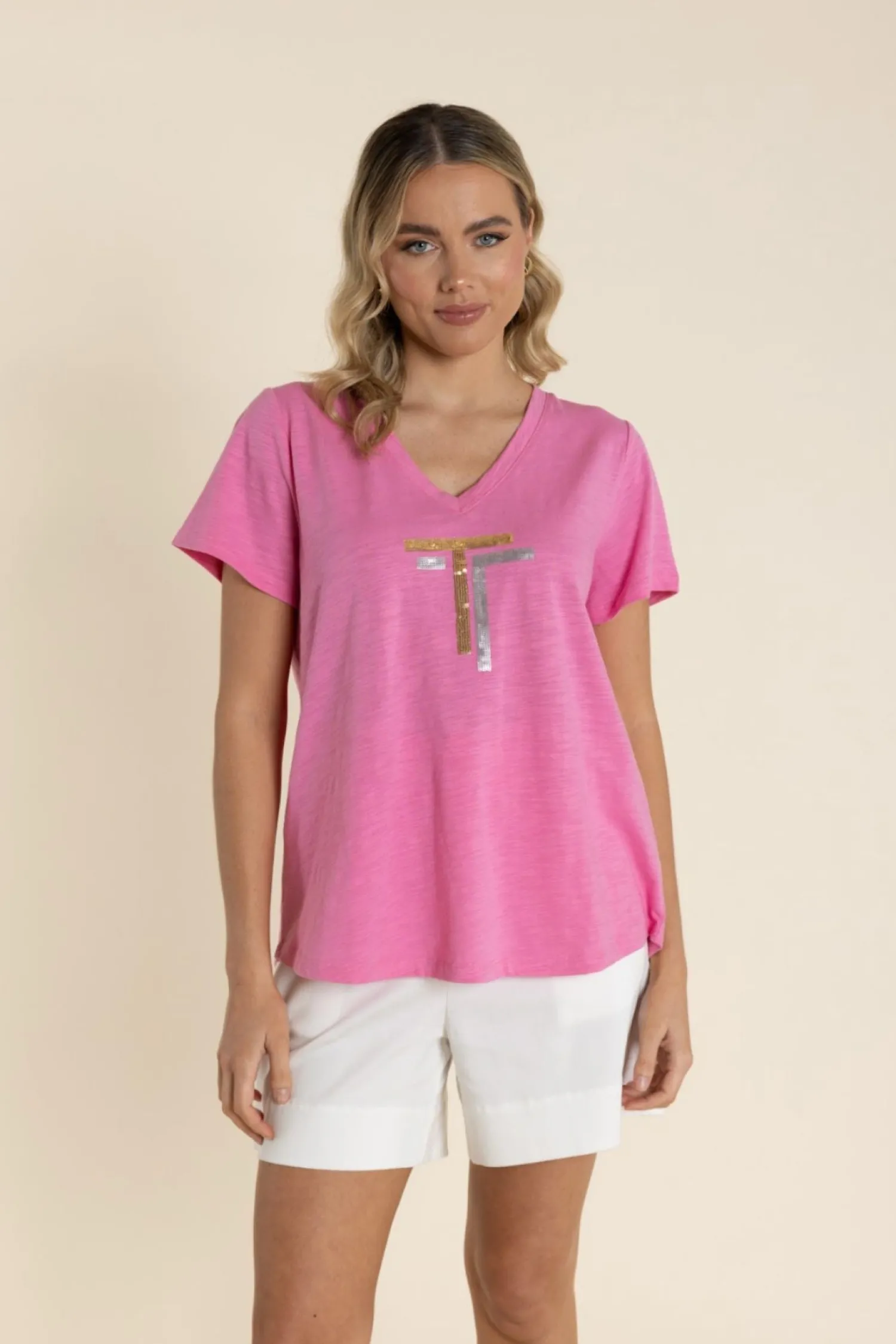 Online Gold/Silver Logo Sequin V-Neck Tee - French Pink - TT60 Shirts & Tops