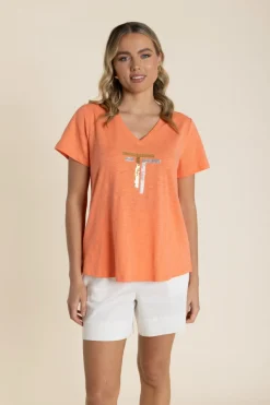 Online Gold/Silver Logo Sequin V-Neck Tee - Tangelo - TT60 Shirts & Tops