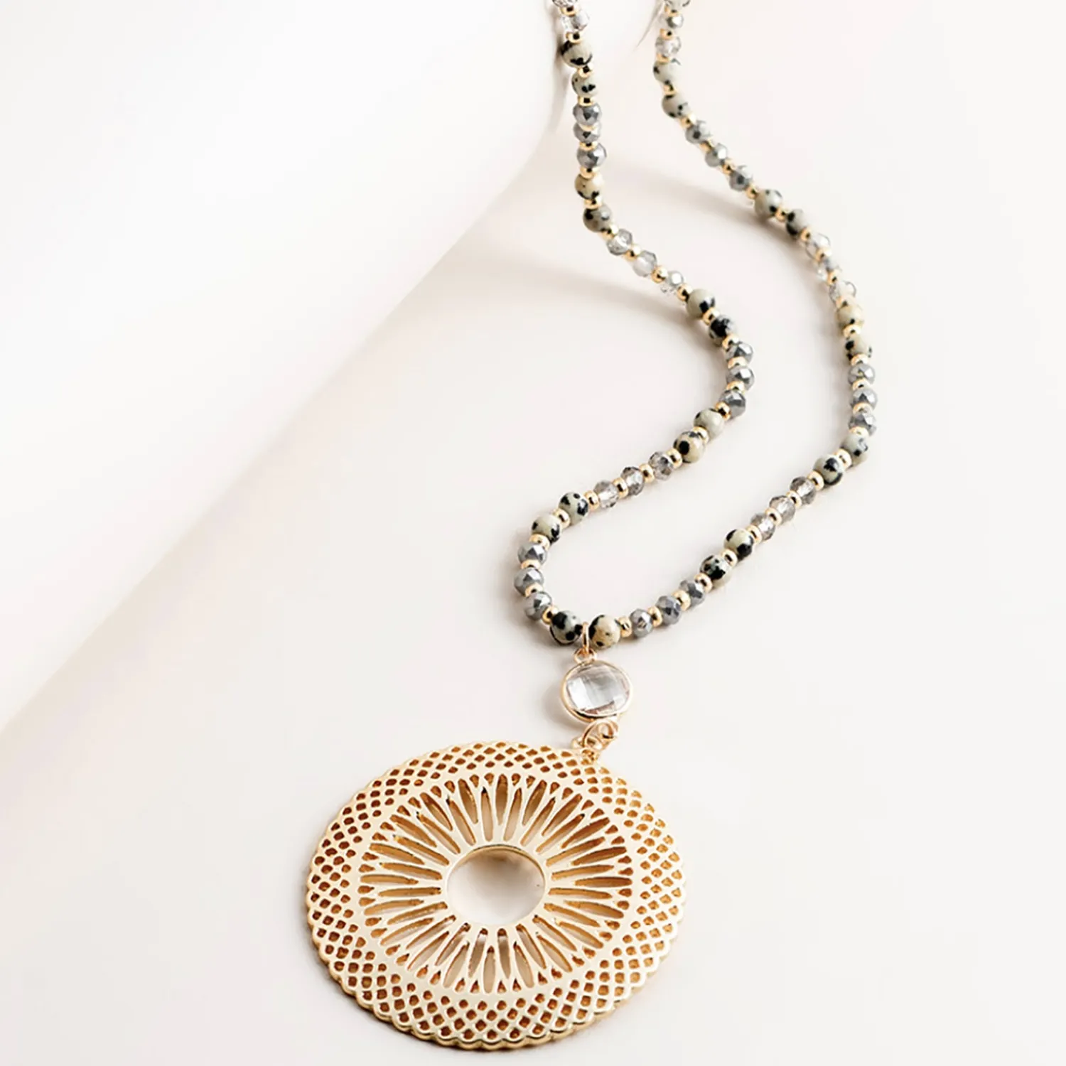 New Grey Beaded Chain & Gold Disc - SM6 Jewellery