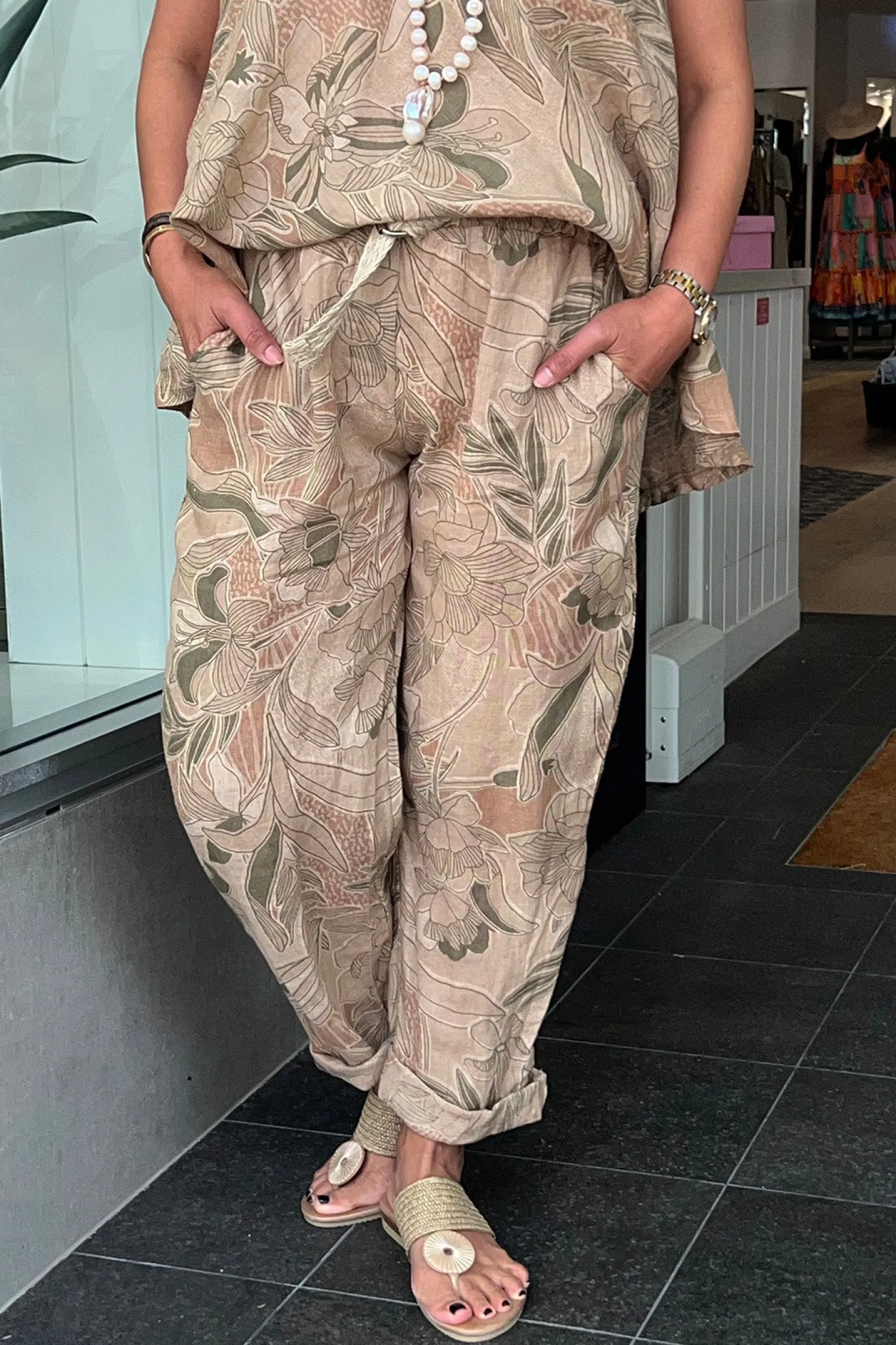 Sale Holly Print Pants - Camel - CG42 Linen Lovers|Ladies Pants