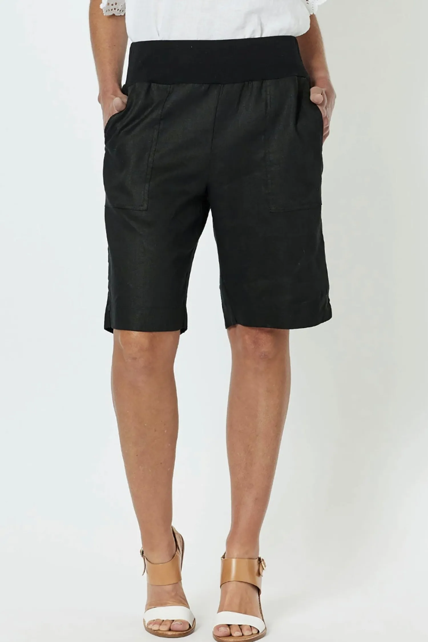 Online Jersey Waist Linen Shorts - Black - GS8 Shorts