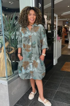 New Lily Leaf Print Shirt Dress - Khaki - CG39 Linen Lovers|Dresses