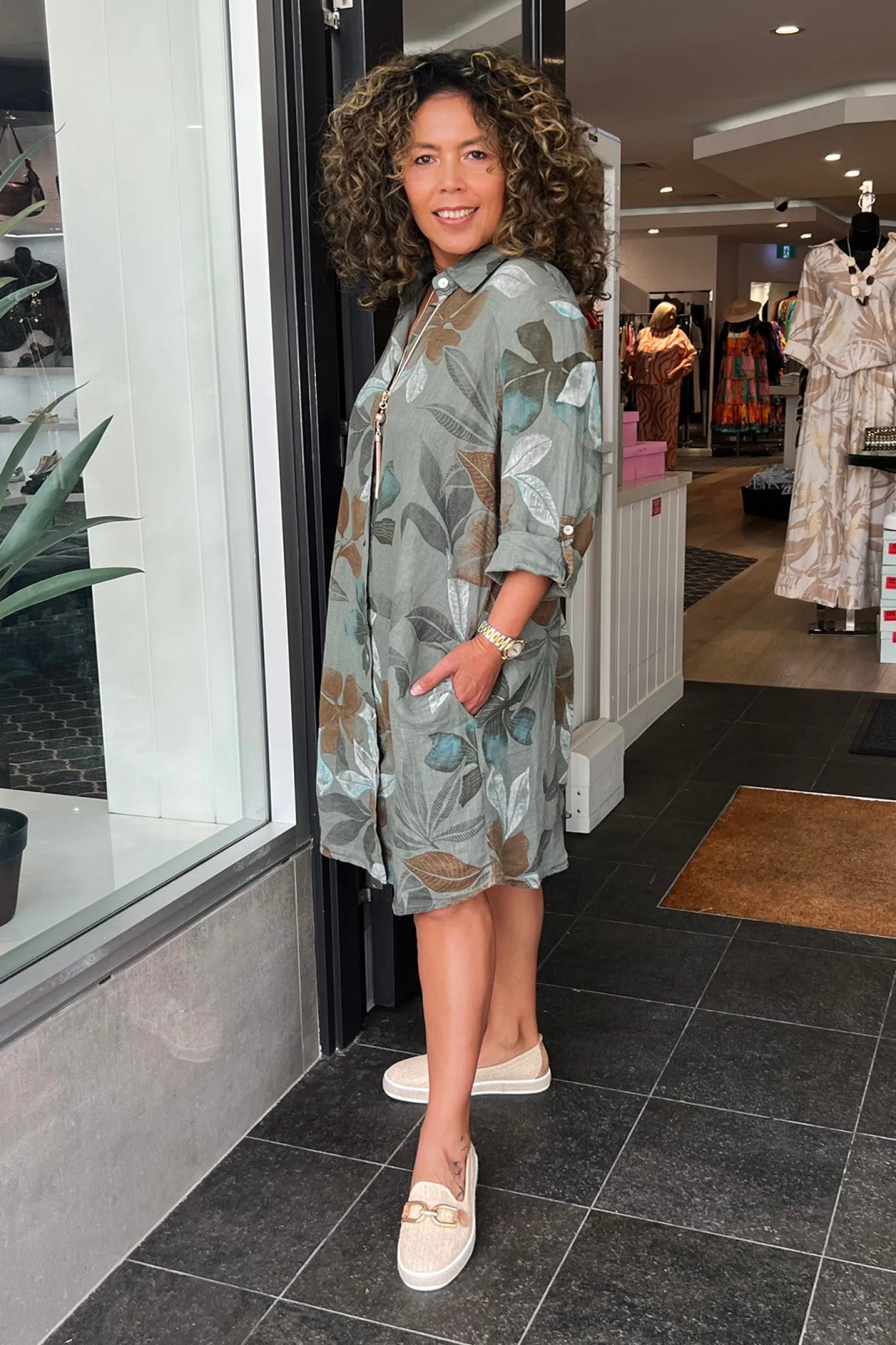 New Lily Leaf Print Shirt Dress - Khaki - CG39 Linen Lovers|Dresses