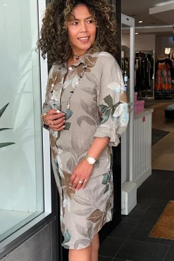Lily Leaf Print Shirt Dress - Natural - CG39 Linen Lovers|Dresses