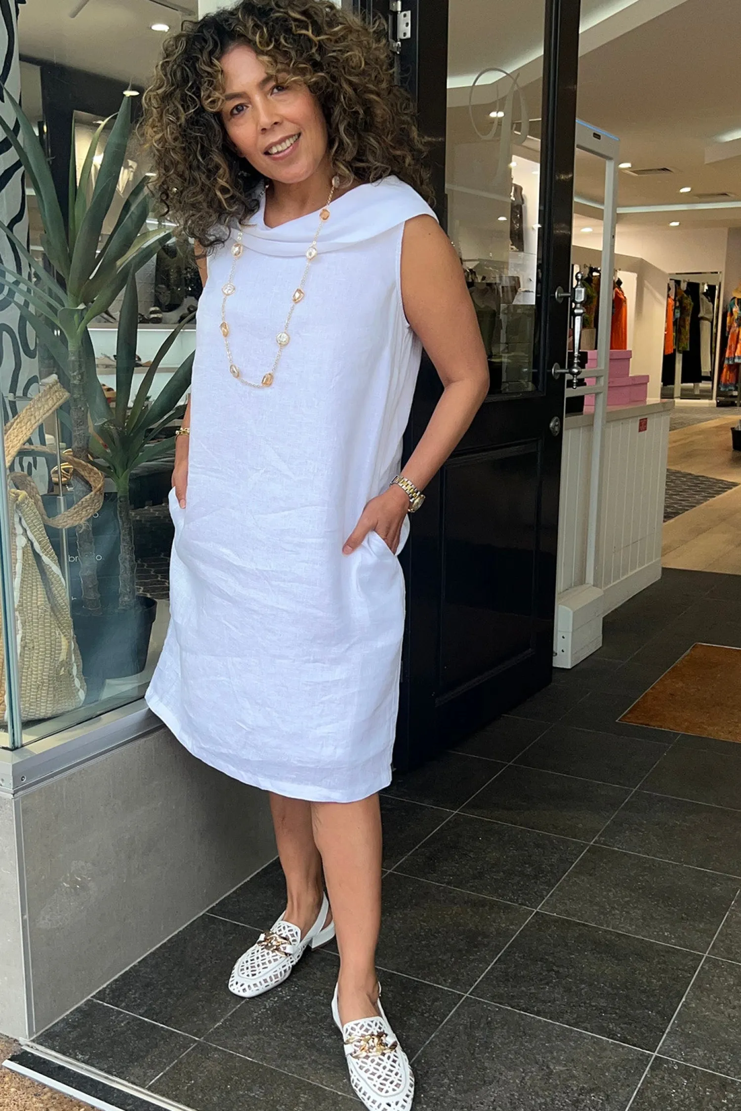 New Linen Cowl Neck Dress - White - SS31 Dresses