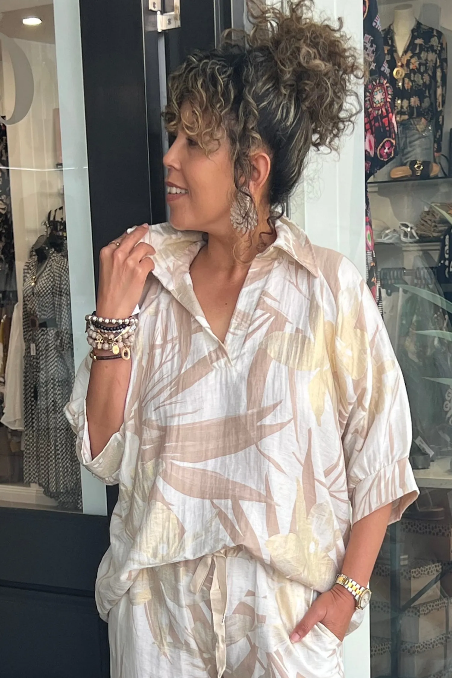 Sale Lucy Print Top - Natural/Gold - CG48 Shirts & Tops