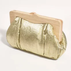 Sale Mira Metallic Pleated Timber Frame Clutch - Gold - AD15 Handbags
