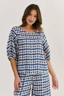 New Round Neck Linen Top - Delta Blot - OJ28 Shirts & Tops