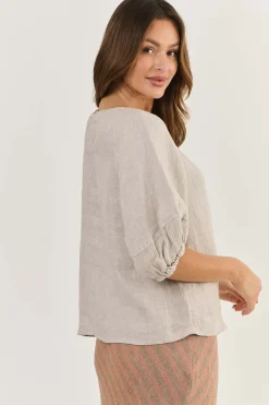 Sale Round Neck Linen Top - Dune - OJ28 Shirts & Tops