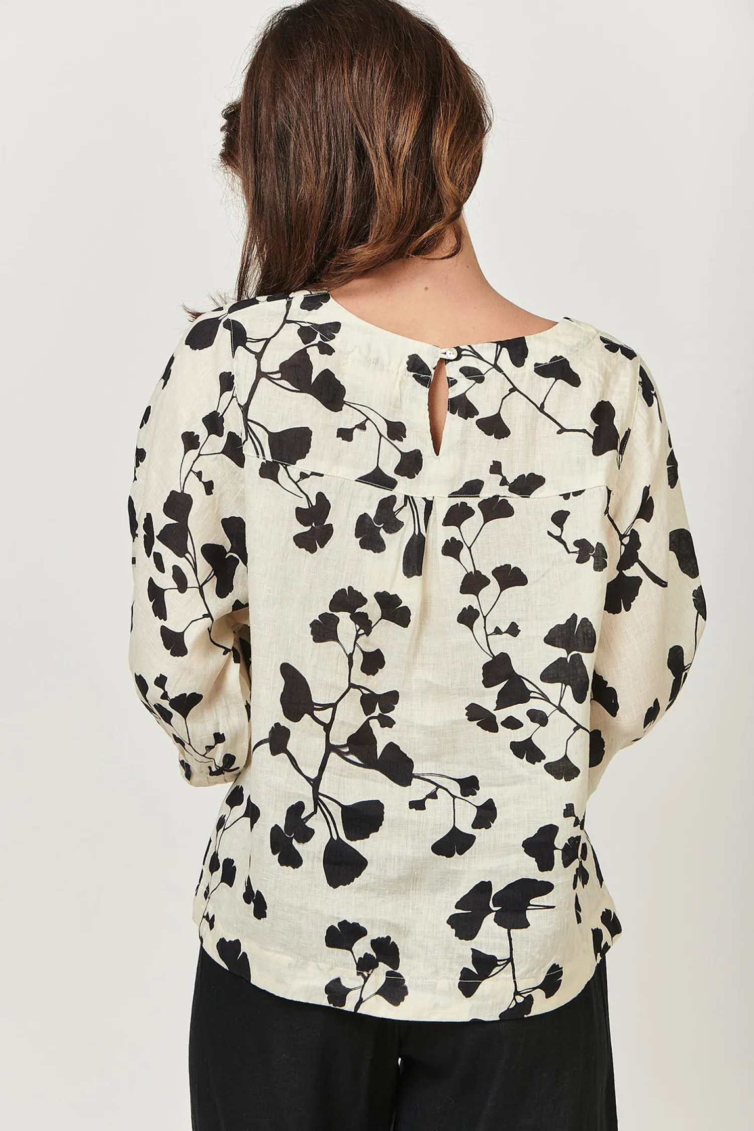 Sale Round Neck Linen Top - Gingko Print - OJ13 Linen Lovers|Shirts & Tops