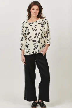 Sale Round Neck Linen Top - Gingko Print - OJ13 Linen Lovers|Shirts & Tops