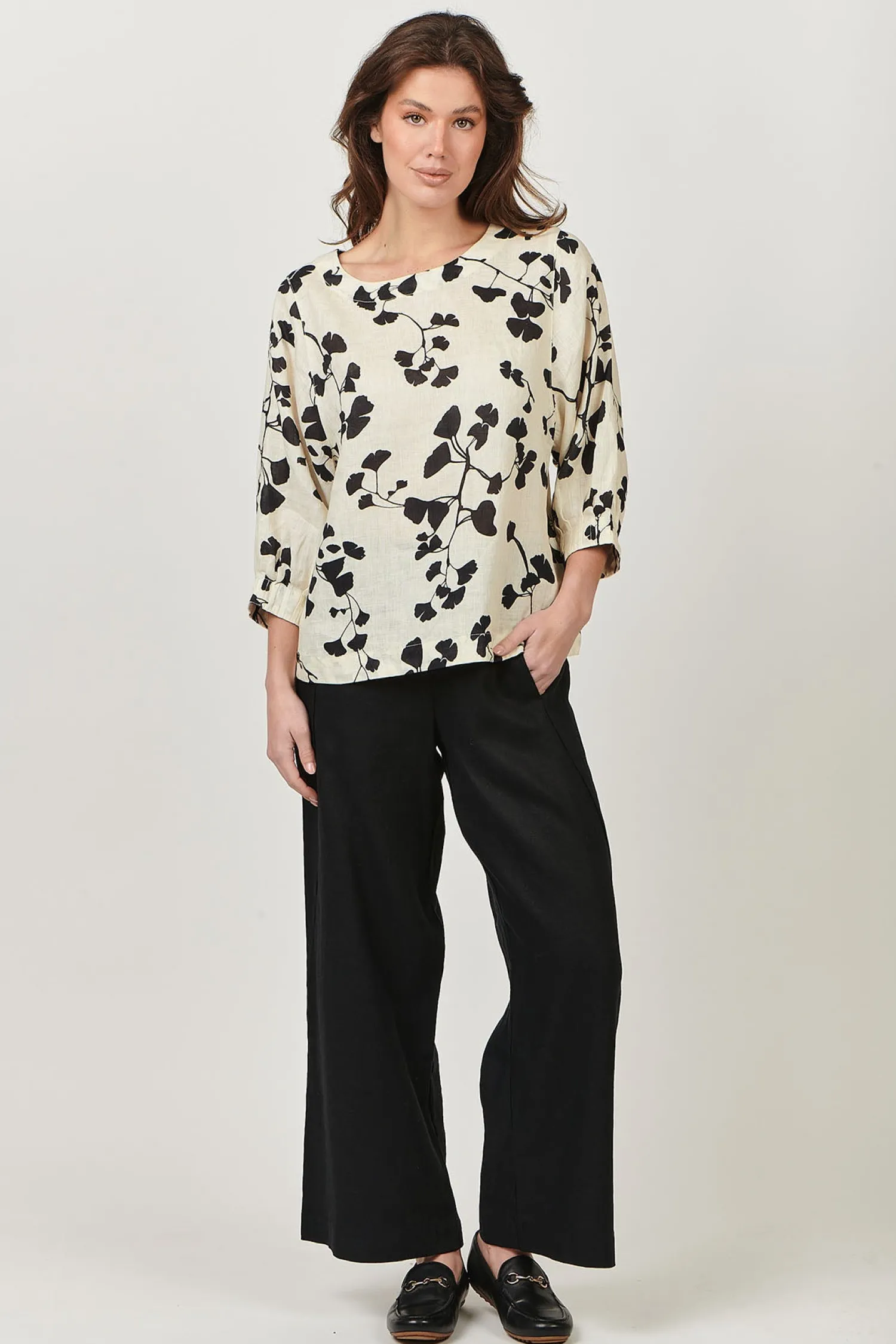 Sale Round Neck Linen Top - Gingko Print - OJ13 Linen Lovers|Shirts & Tops