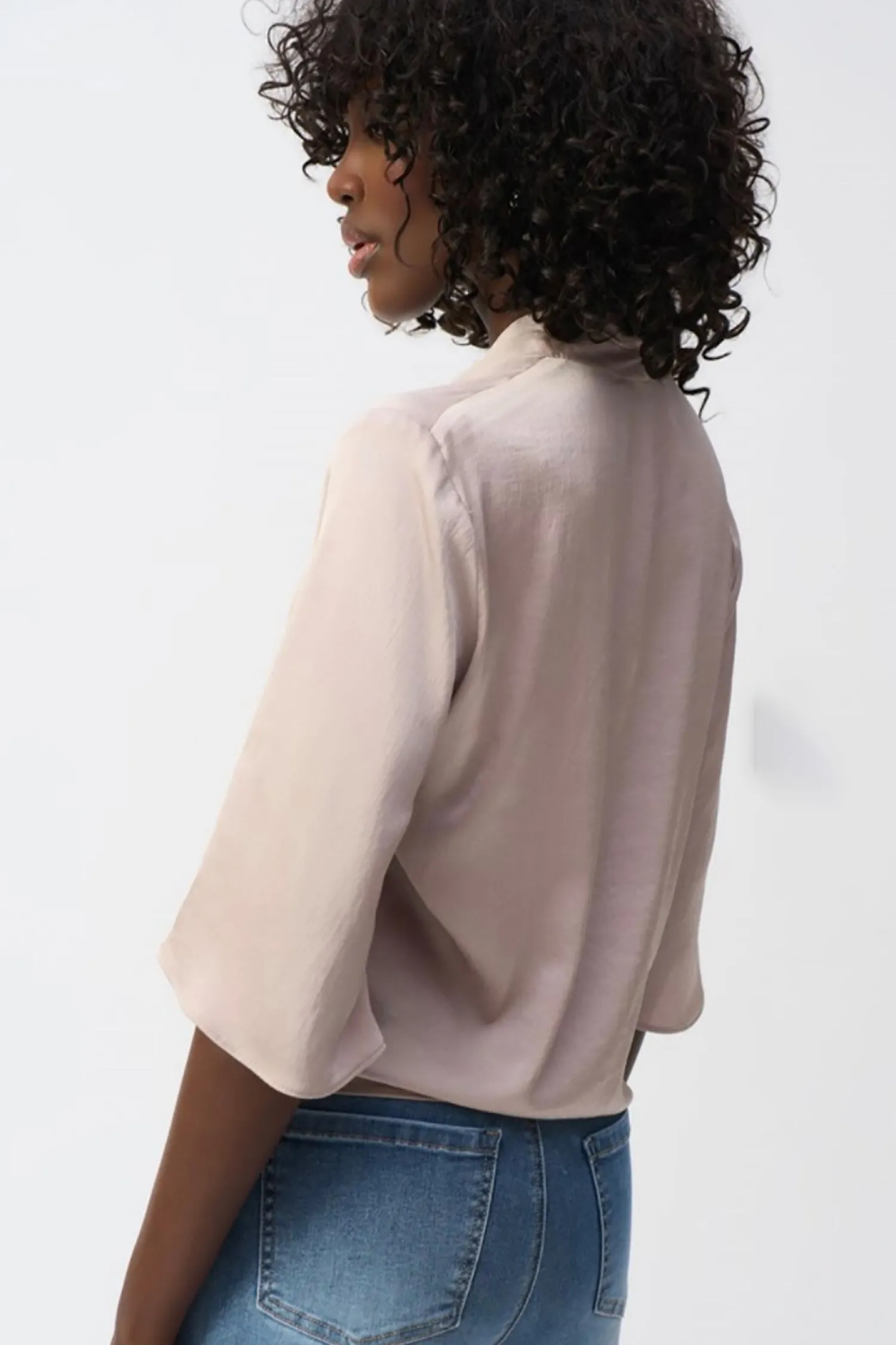 Best Satin V-Neck Top with Front Tie - Parchment - JR4 Shirts & Tops