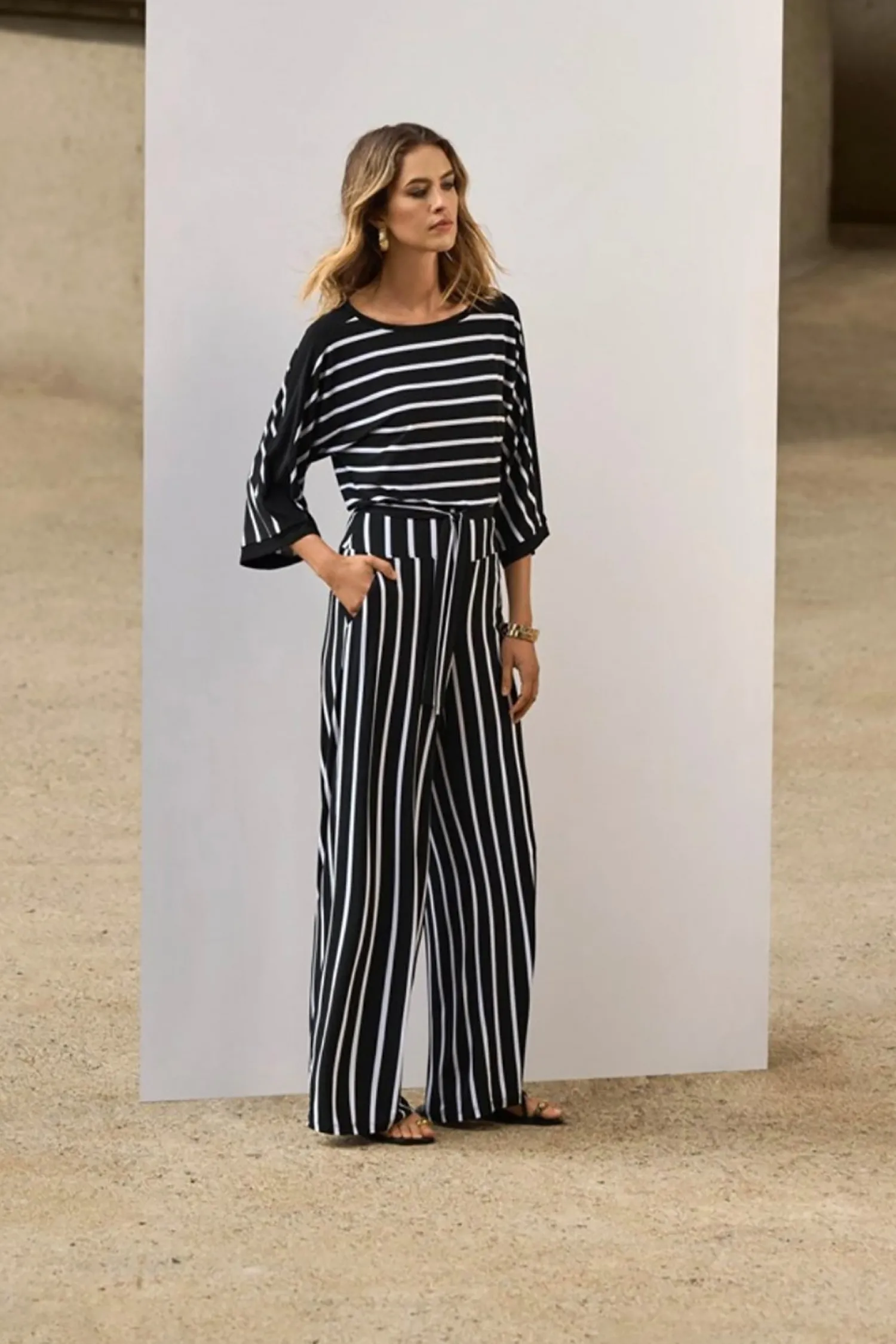Clearance Striped Silky Wide Leg Pant - Black - JR54 Ladies Pants