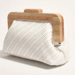 New Tessa Diagonal Weave Timber Frame Clutch - White - AD14 Handbags