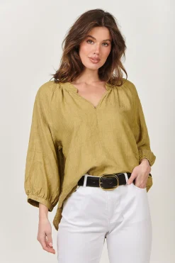 Trudy V-Neck Linen Top - Peridot - OJ24 Linen Lovers|Shirts & Tops