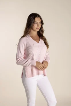 New Tyra V Neck Cable Sweater - Pale Pink - TT25 Jumpers & Knitwear
