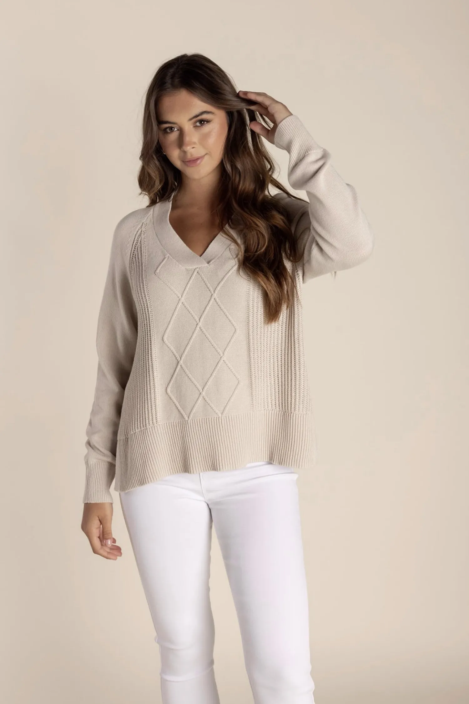 Best Tyra V Neck Cable Sweater - Stone - TT25 Jumpers & Knitwear